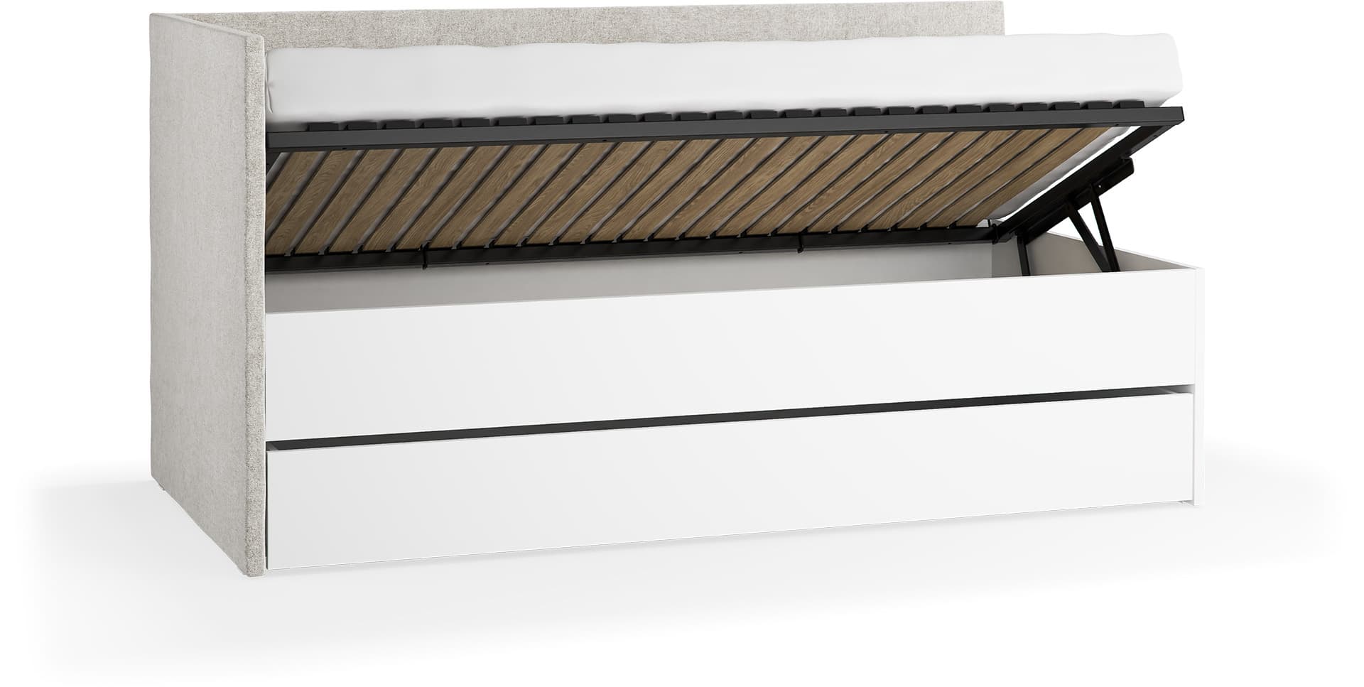 Left upholstered bed with lift-up frame and cover panel Young Users Next