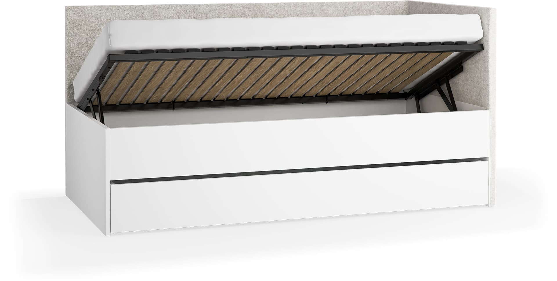Right upholstered bed with lift-up frame and cover panel Young Users Next
