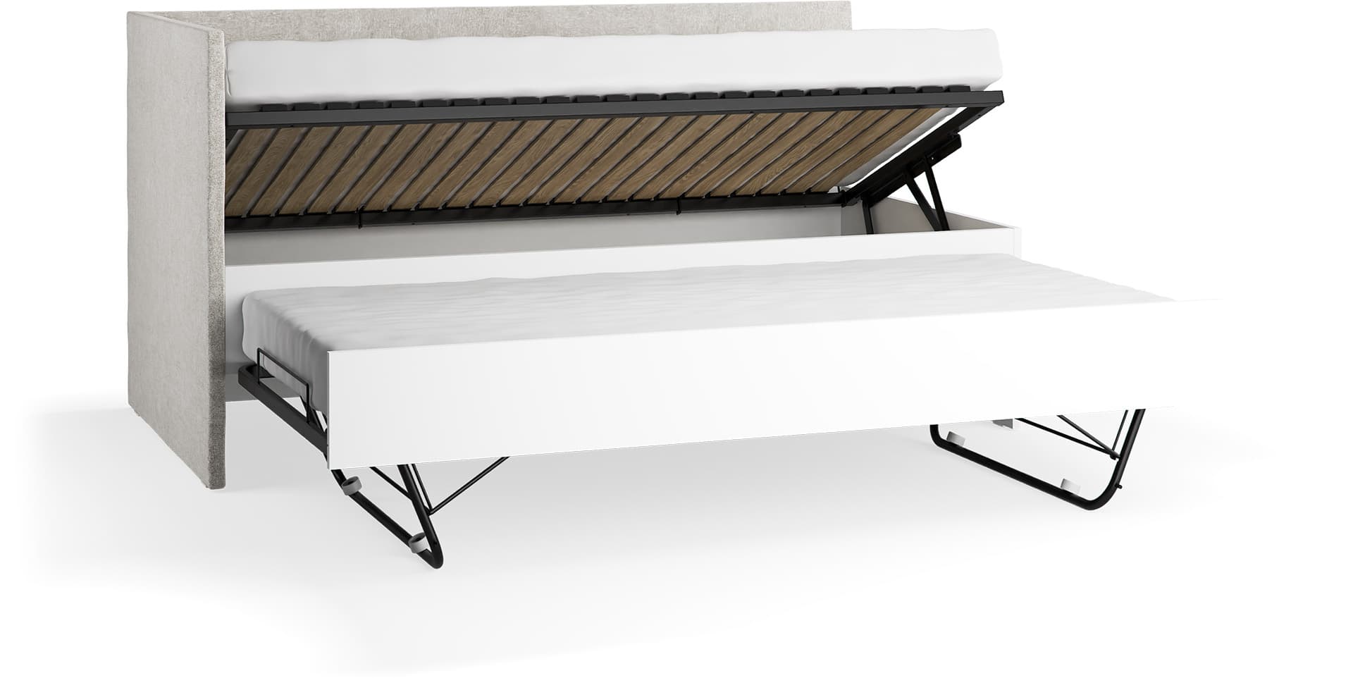 Left upholstered bed with lift-up frame and lower bed Young Users Next