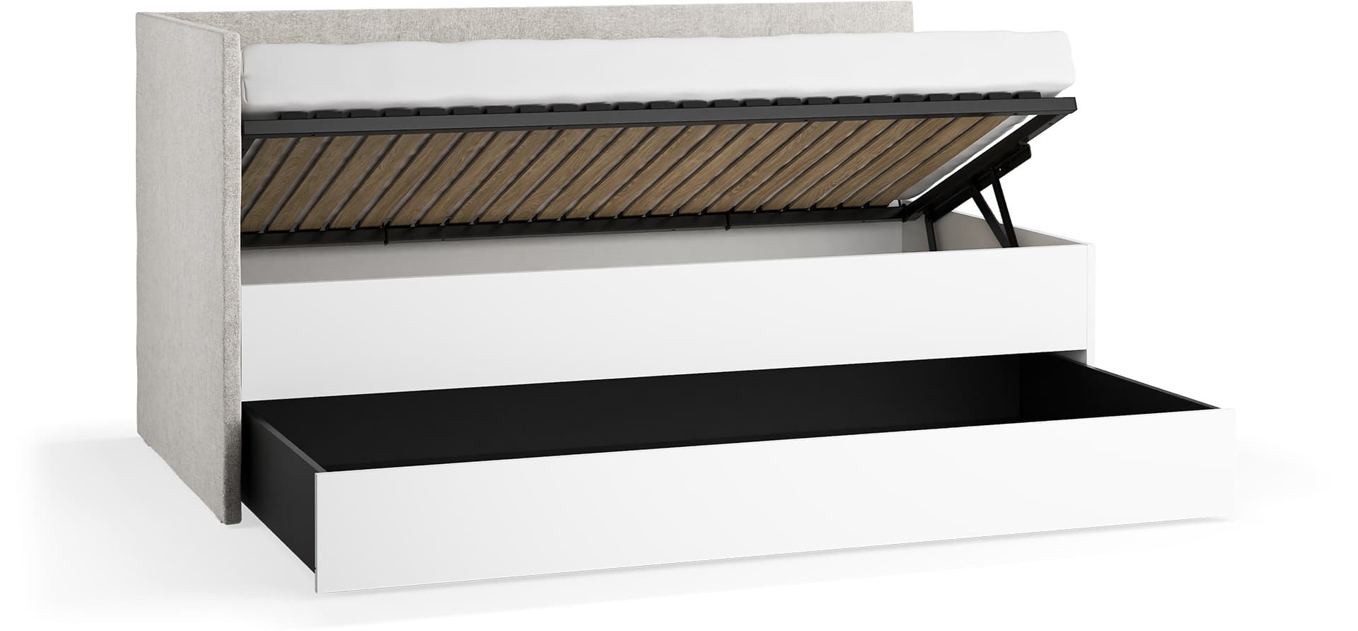 Left upholstered bed with lift-up frame and drawer Young Users Next