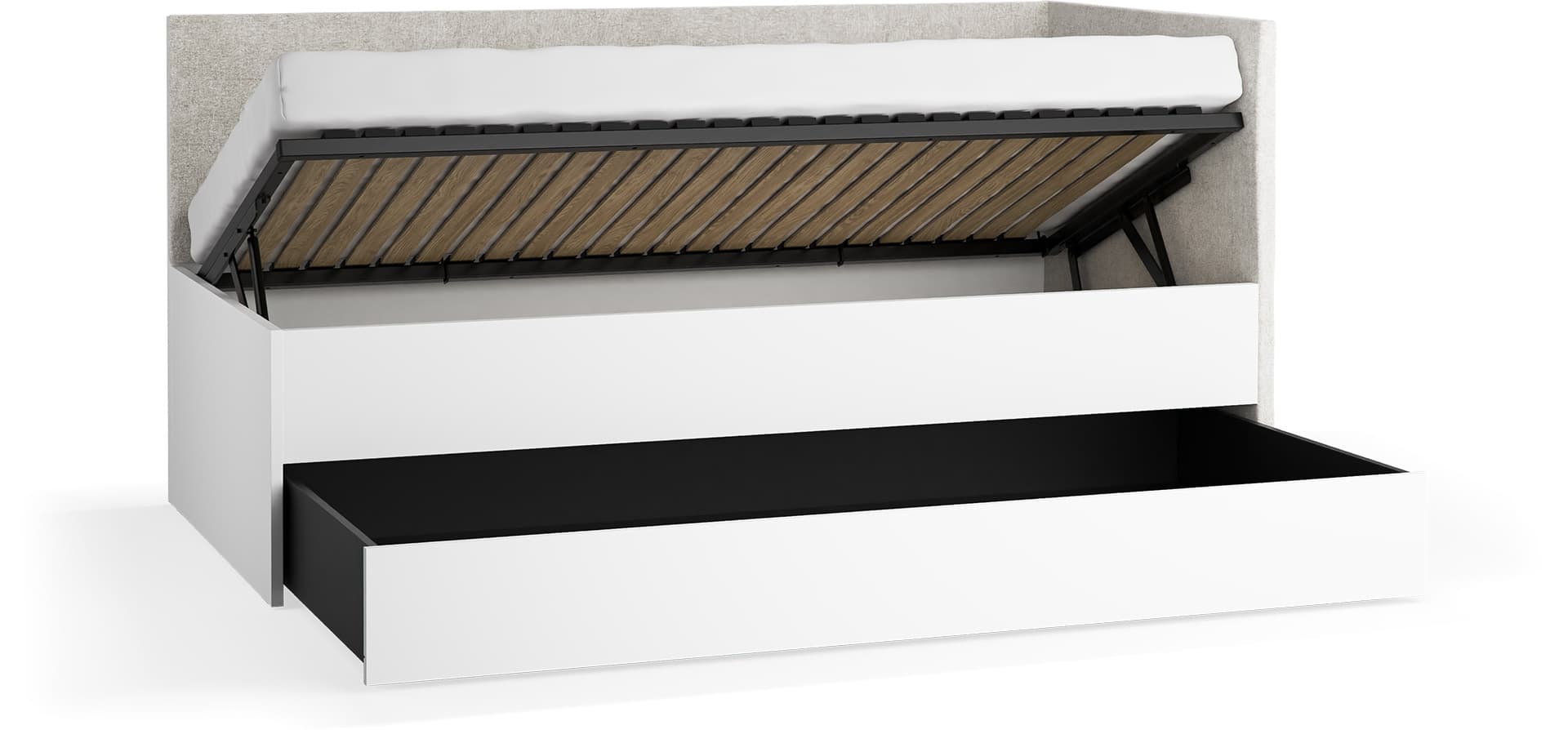 Right upholstered bed with lift-up frame and drawer Young Users Next