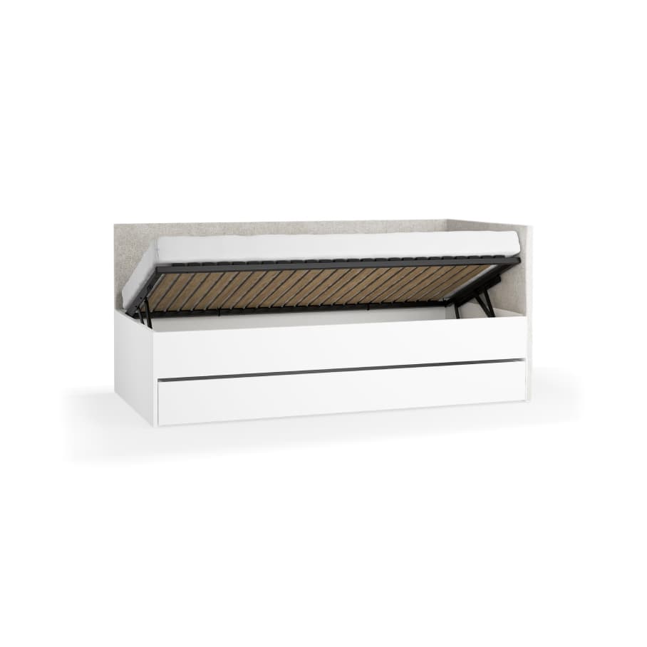 Right upholstered bed with lift-up frame and cover panel Young Users Next