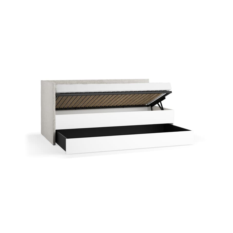 Left upholstered bed with lift-up frame and drawer Young Users Next